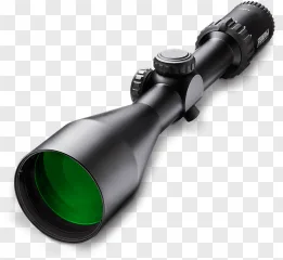 A black rifle scope with a green lens on a transparent background.