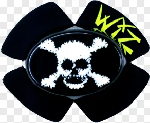Black hat with a white skull and crossbones emblem and neon green text on a transparent background.