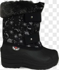 A black winter snow boot with fur trim displayed on a transparent background.