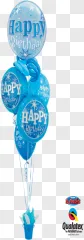 A cluster of blue frozen-themed balloons with happy birthday text on a transparent background.