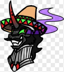 A cartoon dragon wearing a sombrero and armor is shown on a transparent background.