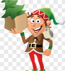 A cheerful cartoon elf holding a Christmas tree and bird on a transparent background.