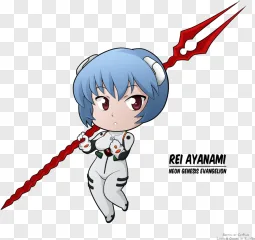 Chibi Rei Ayanami holding a spear anime character on a transparent background.