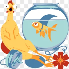 A chicken with a fish in a bowl, on a transparent background.