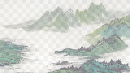 A traditional Chinese landscape painting showing misty mountains and a river on a transparent background.