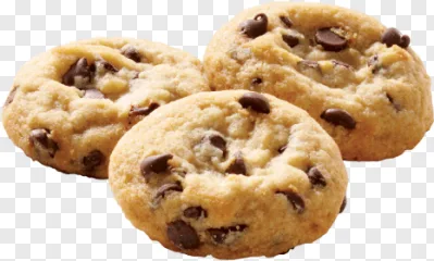 Close-up of chocolate chip cookies on a transparent background.