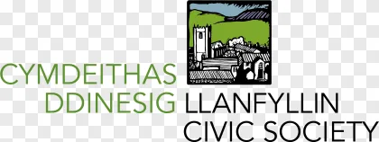 A Welsh village illustration with Cymdeithas Ddinesig text shown on a transparent background.
