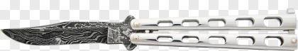 A Damascus steel knife with a silver handle on a transparent background.