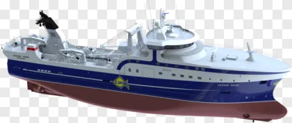 A detailed modern commercial fishing vessel ship on a transparent background.