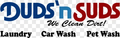 A Duds n Suds laundry logo in blue and red graphic typography displayed on a transparent background.