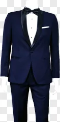 An elegant blue tuxedo with a bow tie is displayed on a transparent background.