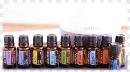 Essential oil bottles and a diffuser on a transparent background.