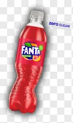 A realistic Fanta zero sugar blood orange bottle displayed on a transparent background.