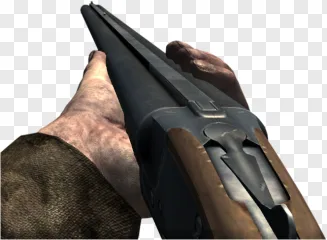 A first person perspective of hands holding and aiming a shotgun on a transparent background.