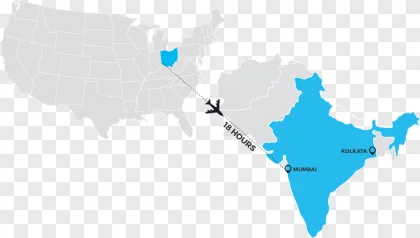 A flight route map connecting the United States and India on a transparent background.