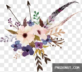 Transparent PNG of a bohemian watercolor floral bouquet with feathers and arrows.