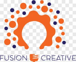 Fusion Creative lightbulb logo with abstract orange and blue elements on a transparent background.