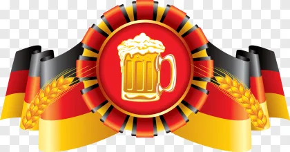 A German beer festival ribbon emblem featuring a foamy mug on a transparent background.
