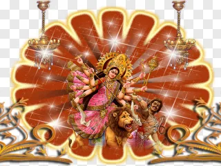 Goddess Durga riding a lion on a transparent background.