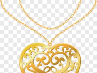 A gold heart necklace with intricate filigree detail on a transparent background.