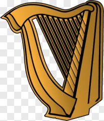 A golden Celtic harp musical instrument illustration on a transparent background.