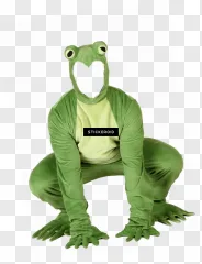 A green frog costume in a crouching pose on a transparent background.