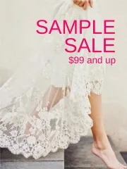 A promotional banner showing a white lace dress with pink sample sale text on a transparent background.