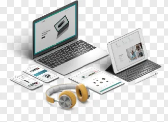 A modern digital device mockup set featuring a laptop, tablet, and smartphone on a transparent background.