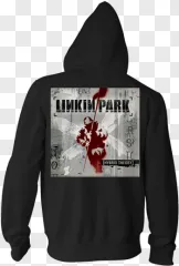 Back view of a black hoodie featuring the Linkin Park Hybrid Theory album artwork on a transparent background.