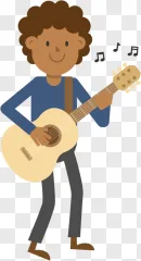 A smiling man playing an acoustic guitar with musical notes floating around him on a transparent background.
