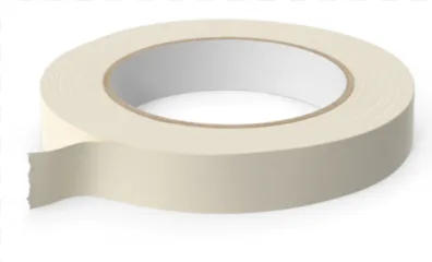 A roll of masking tape with an unwound sticky end on a transparent background.