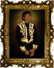 Michael Jackson portrait in an ornate gold frame on a transparent background.