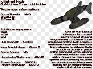 A detailed 3D model of the Mistral Noir light fighter spacecraft shown on a transparent background.