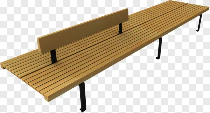 Modern wooden park bench with metal legs on a transparent background.