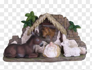 A Nativity scene figurine featuring Baby Jesus in a manger with a donkey, ox, and sheep on a transparent background.