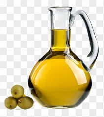 A transparent PNG image of an olive oil jug with a handle, filled with a golden liquid, on a background.