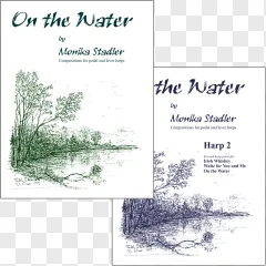 On the Water harp sheet music cover with a lake landscape sketch on a transparent background.