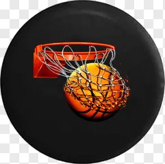 A 3D orange basketball falling through a flaming net hoop on a transparent background.