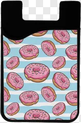 Cartoon pink donut pattern with sweet sprinkles on blue and white stripes, set on a transparent background.