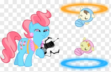 Pinkie Pie holding a camera with two sleeping foals on a transparent background.