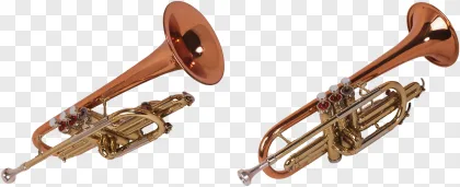 A polished brass trumpet instrument on a transparent background.