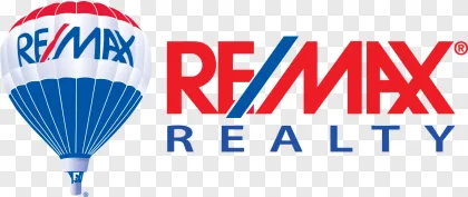 A red, white, and blue hot air balloon logo for a real estate company on a transparent background.