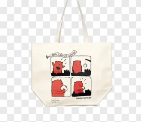 A cute red bear coffee tote bag design on a transparent background.
