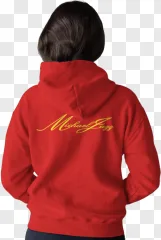 A person wearing a red hoodie with yellow text is shown on a transparent background.