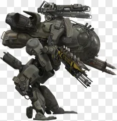 A detailed sci-fi battle mech robot with heavy weapons on a transparent background.