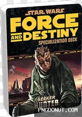 Seeker Hunter Star Wars card deck transparent PNG featuring a mysterious hunter in a green cloak against a red dusk landscape.