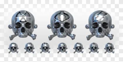 Silver chrome skulls decorated with gothic symbols on a transparent background.