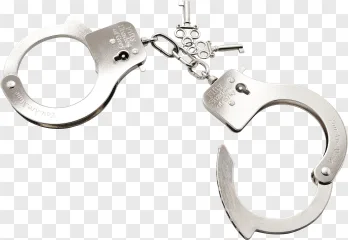 Silver metal handcuffs with a key and chain on a transparent background.