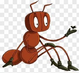 Sitting ant holding a tiny bird cartoon illustration on a transparent background.
