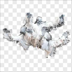 A spooky white ghost trio reaching out on a transparent background.